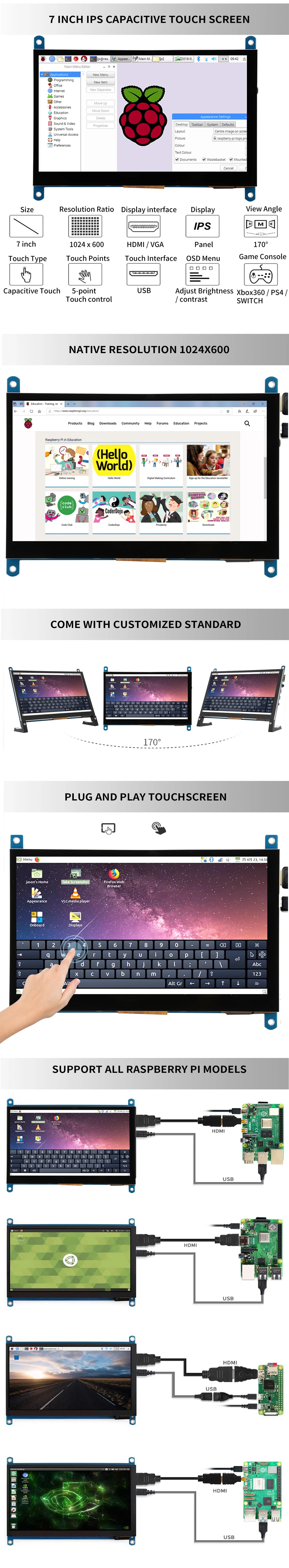 New 7 Inch IPS TFT LCD Display Touch Screen Monitor 1024*600 RGB Pixels USB HDMI-compatible for Raspberry Pi 5 4B 3B+ AIDA64