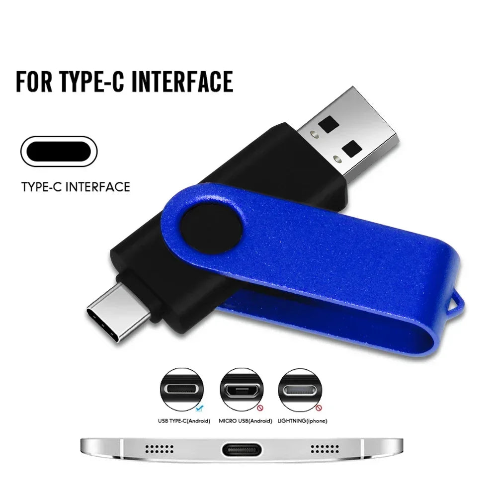 TYPE-C 2 IN 1 Pen Drive With Free key Ring 128GB Rotatable Metal USB 2.0 Flash Drive 64GB Business Gift Memory Stick 32GB 16GB