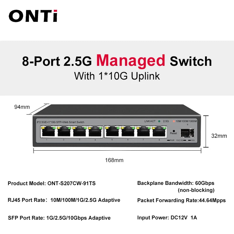 ONTi 5 Port Smart Web 2.5Gps with 2*10G SFP+ L2 Managed Switch and 5 or 8 Port L2 Web Managed 2.5Gps Switch