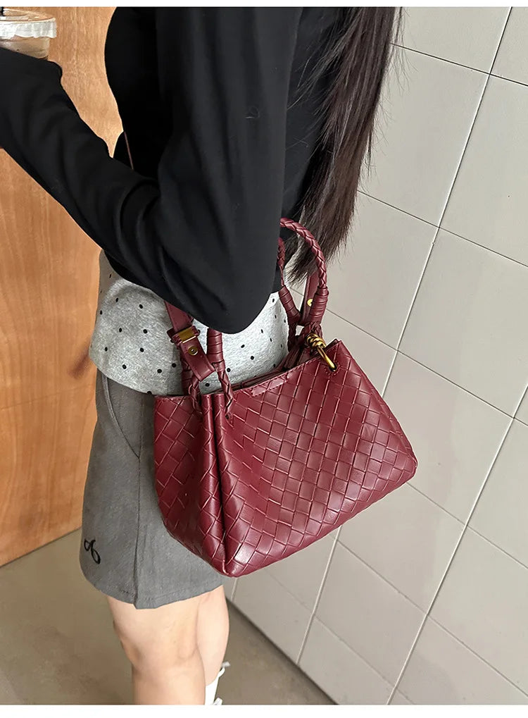 Woven Texture Bucket Bag - Stylish Unique Tote Basket Handbag, Soft Leather Crossbody/Shoulder Purse for Women