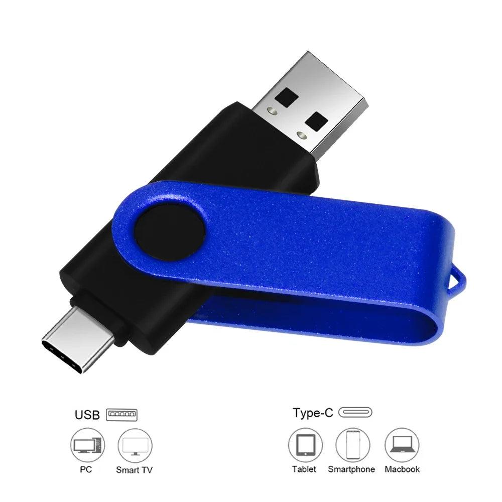TYPE-C 2 IN 1 Pen Drive With Free key Ring 128GB Rotatable Metal USB 2.0 Flash Drive 64GB Business Gift Memory Stick 32GB 16GB