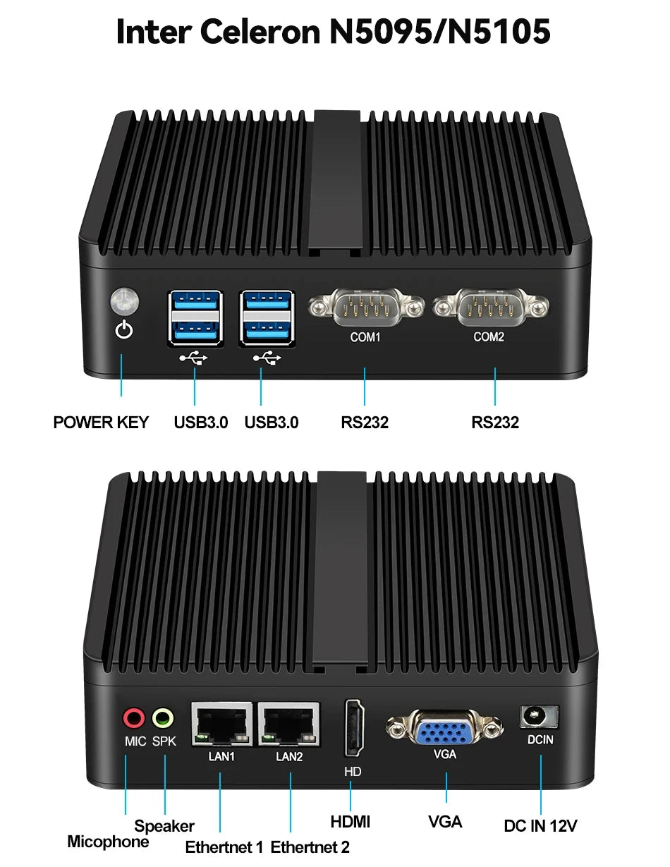 Industrial Fanless Mini PC Celeron J4125 Core i3-5005U Dual LAN 2*COM HDMI WIFI Windows 10 Nettop Office Computer minipc Desktop