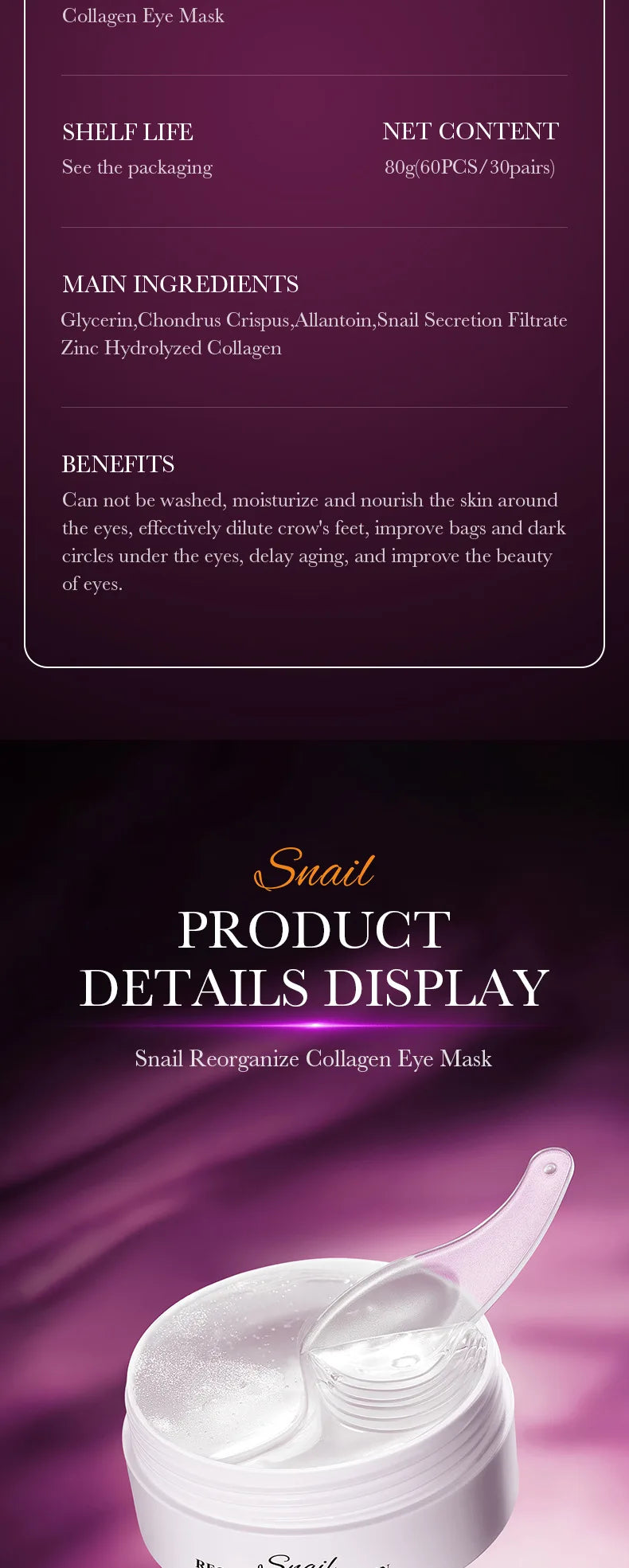 60pcs Snail Collagen Eye Mask Reduce Dark Circles Beauty Patches For Eye Skin Care Eye Bag Brightening Product