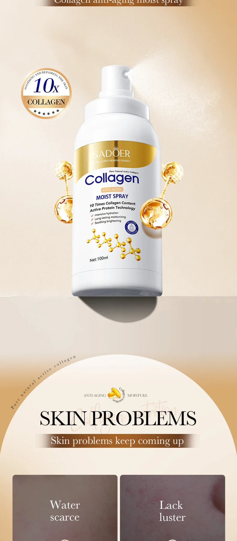 SADOER Collagen Anti Wrinkle Moisturizing Facial Spray Cream Hydrating Whitening Anti-aging Face Cream Toner Facial Lotion
