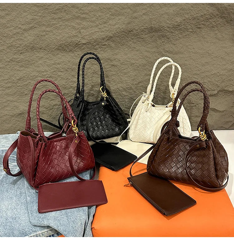Woven Texture Bucket Bag - Stylish Unique Tote Basket Handbag, Soft Leather Crossbody/Shoulder Purse for Women