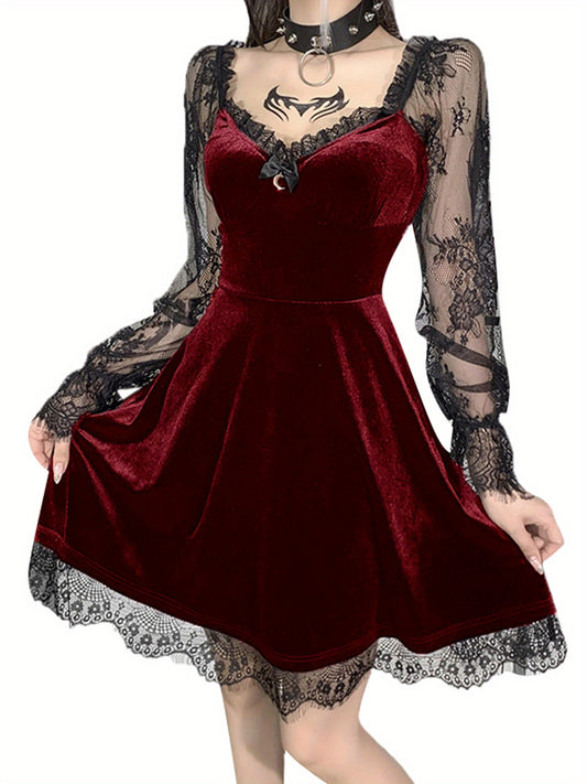 Women Dress, Solid Color Lace Stitching V-Neck Long Flare Sleeve One-Piece for Halloween Party