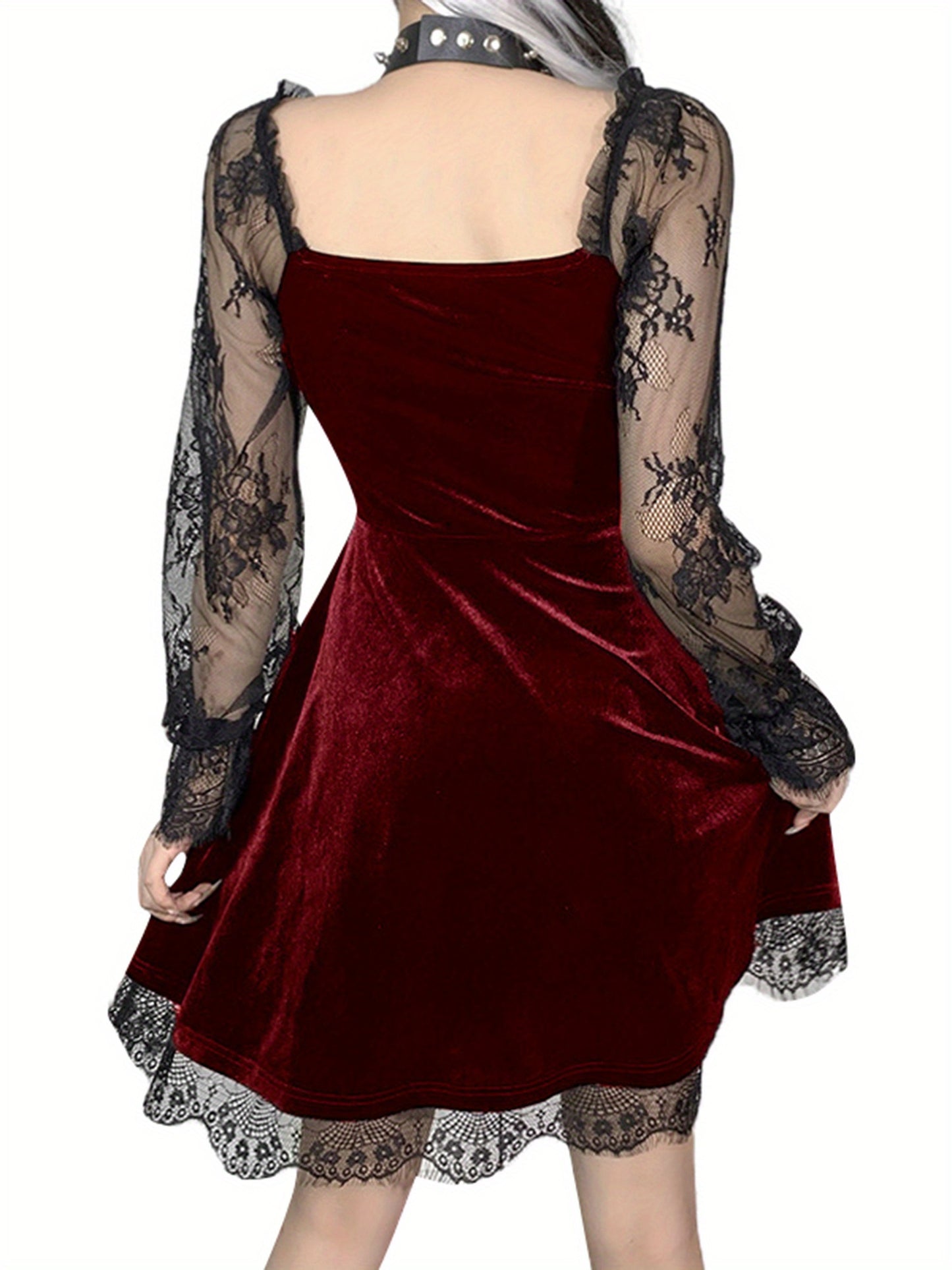 Women Dress, Solid Color Lace Stitching V-Neck Long Flare Sleeve One-Piece for Halloween Party