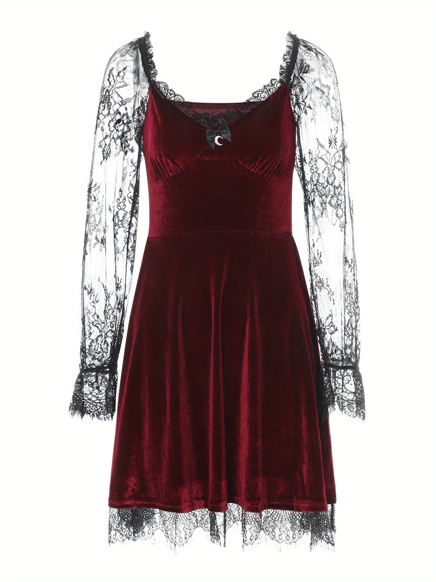 Women Dress, Solid Color Lace Stitching V-Neck Long Flare Sleeve One-Piece for Halloween Party