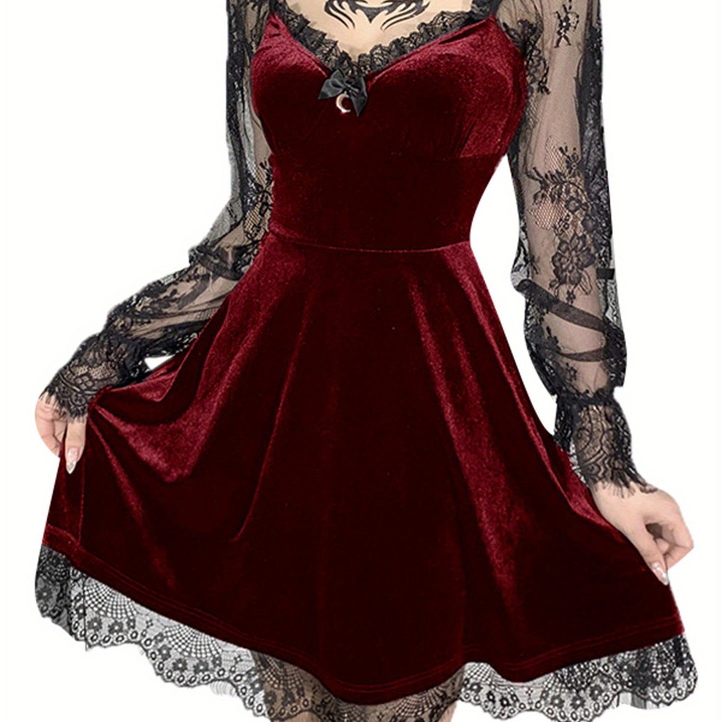 Women Dress, Solid Color Lace Stitching V-Neck Long Flare Sleeve One-Piece for Halloween Party