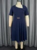 AM040926 Asymmetry Neck Short Sleeves Navy a Line Pleated Casual Plus Size Women Dress with Belt