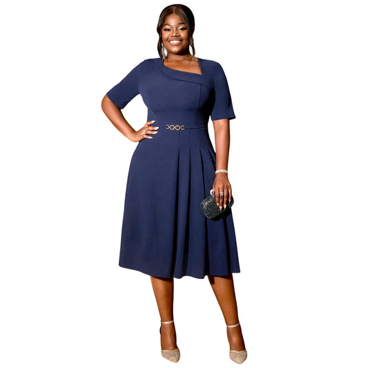 AM040926 Asymmetry Neck Short Sleeves Navy a Line Pleated Casual Plus Size Women Dress with Belt