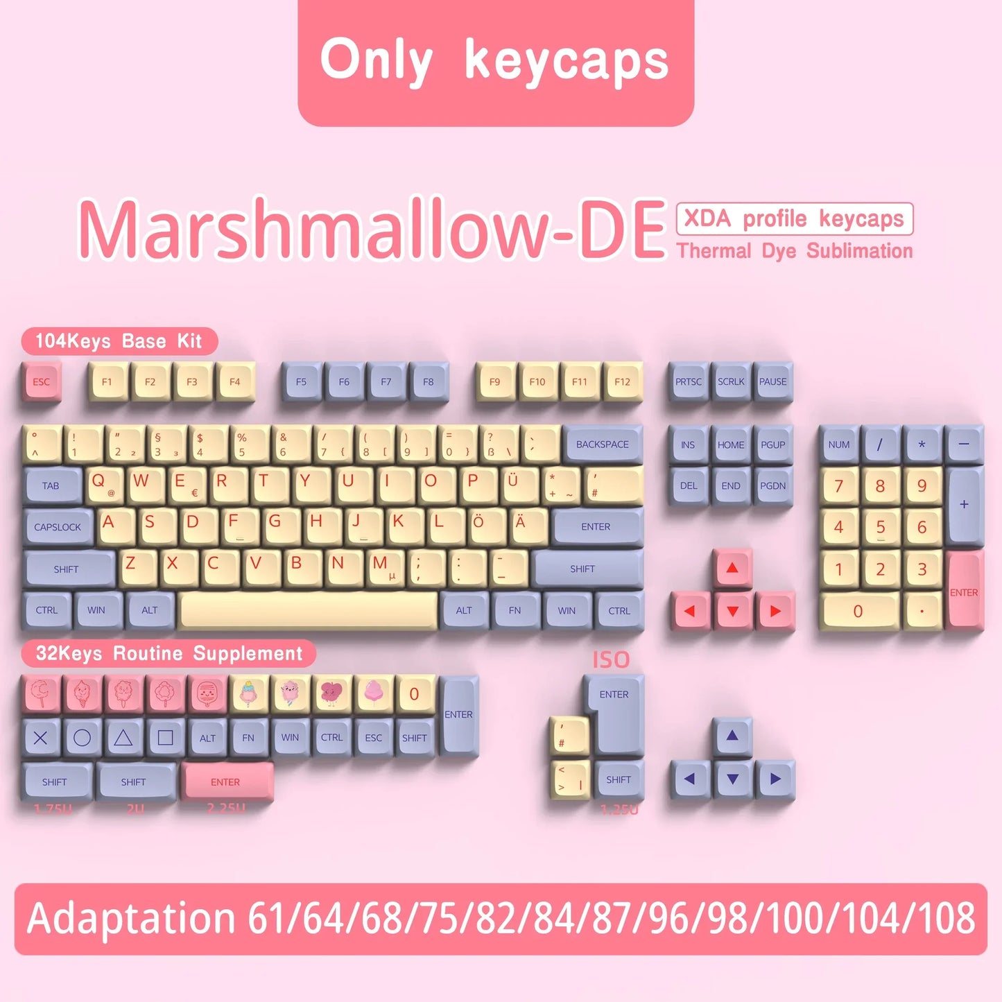QWERTZ Nordic Keycaps Spanish/German/Portuguese AZERTY Keycap Marshmallow Keycaps XDA Profile Keycaps for Mechanical Keyboard