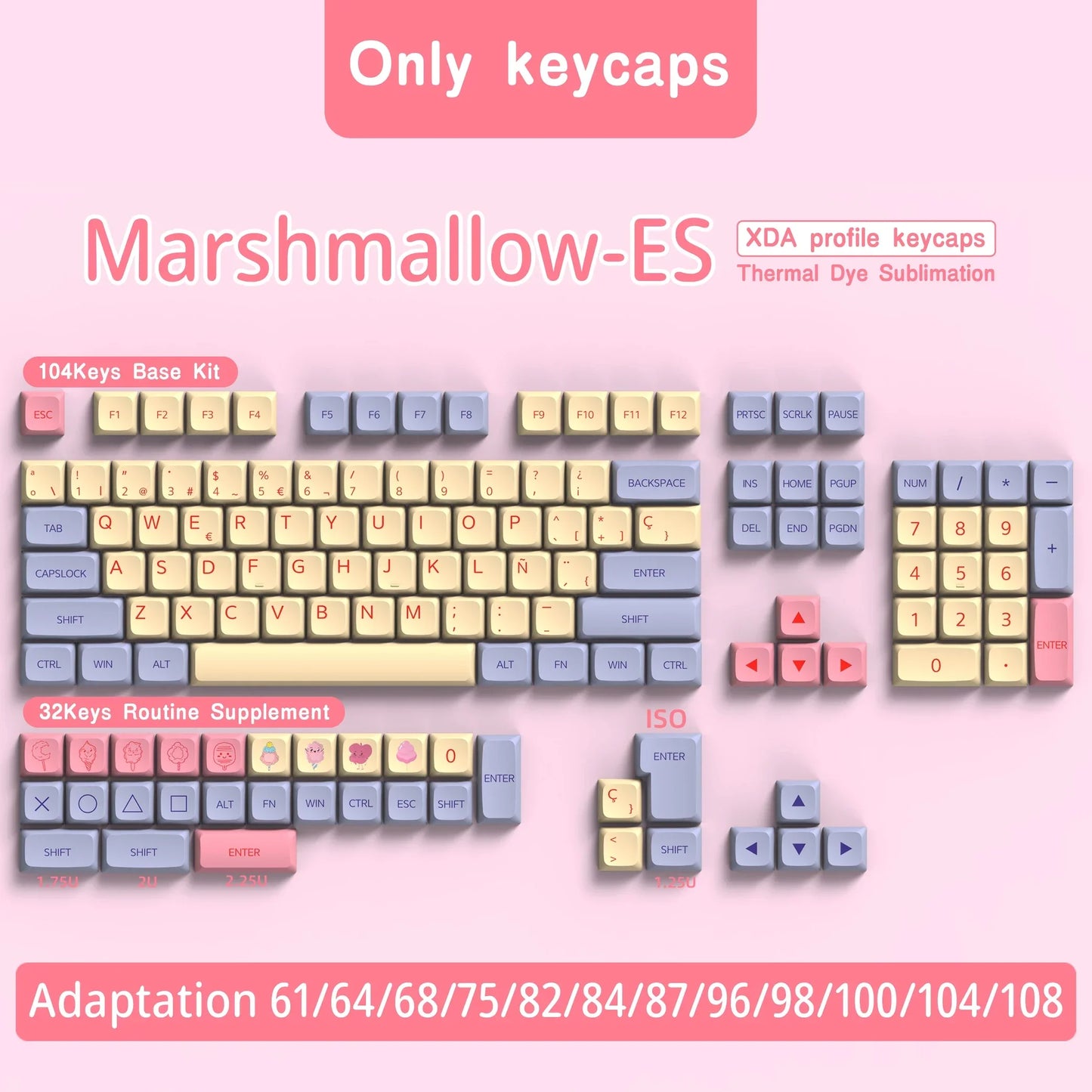 QWERTZ Nordic Keycaps Spanish/German/Portuguese AZERTY Keycap Marshmallow Keycaps XDA Profile Keycaps for Mechanical Keyboard