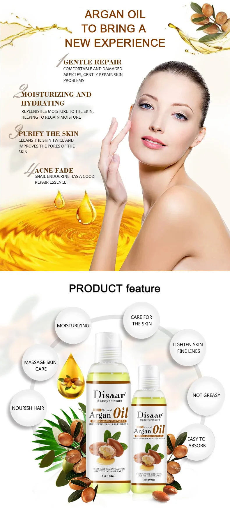 Disaar 100ml Pure Natural Argan Oil Moisturizing Body Oil Plant Essential Oils Soothing Skin Massage Oil Beauty Health Skin Care