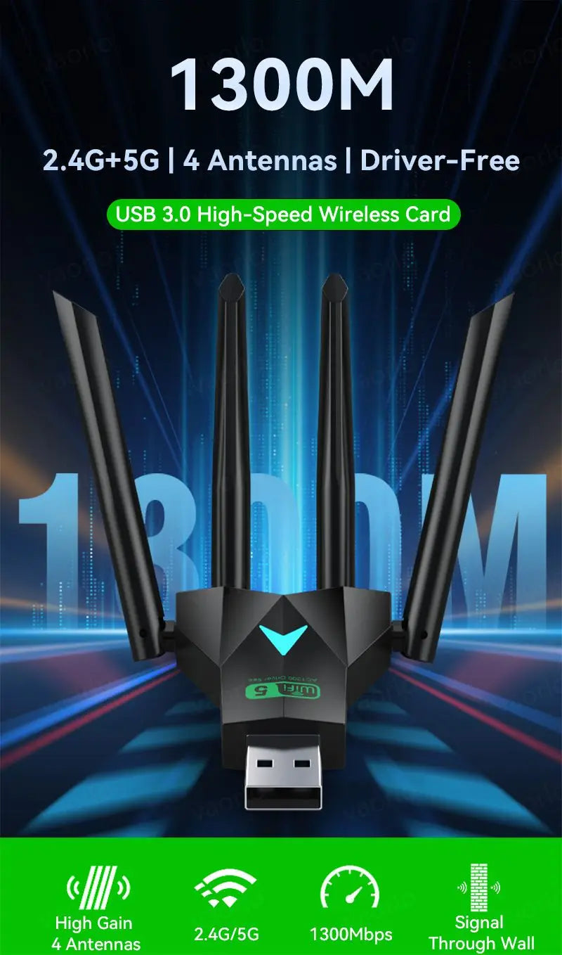 1300Mbps WiFi USB Adapter Dual Band 2.4G+5.8G Driver-free 4 Antennas USB 3.0 High-Speed Wireless Card WIFI Hotspot Sharing PC