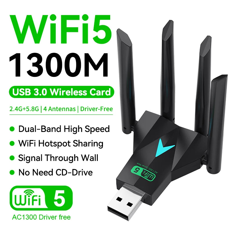 1300Mbps WiFi USB Adapter Dual Band 2.4G+5.8G Driver-free 4 Antennas USB 3.0 High-Speed Wireless Card WIFI Hotspot Sharing PC