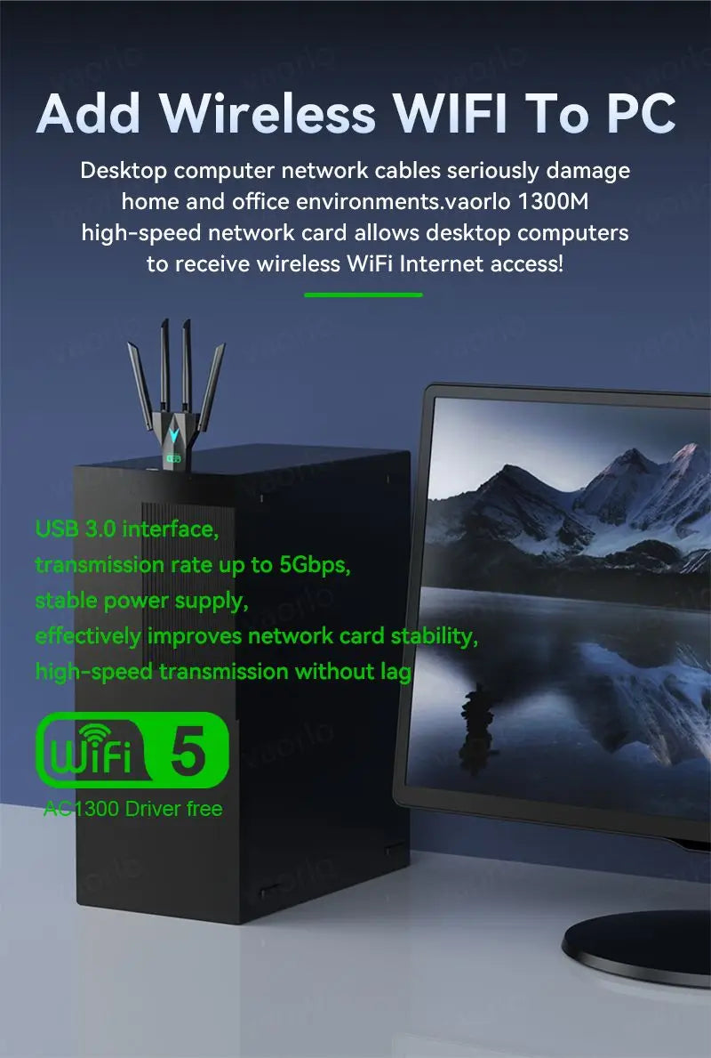 1300Mbps WiFi USB Adapter Dual Band 2.4G+5.8G Driver-free 4 Antennas USB 3.0 High-Speed Wireless Card WIFI Hotspot Sharing PC