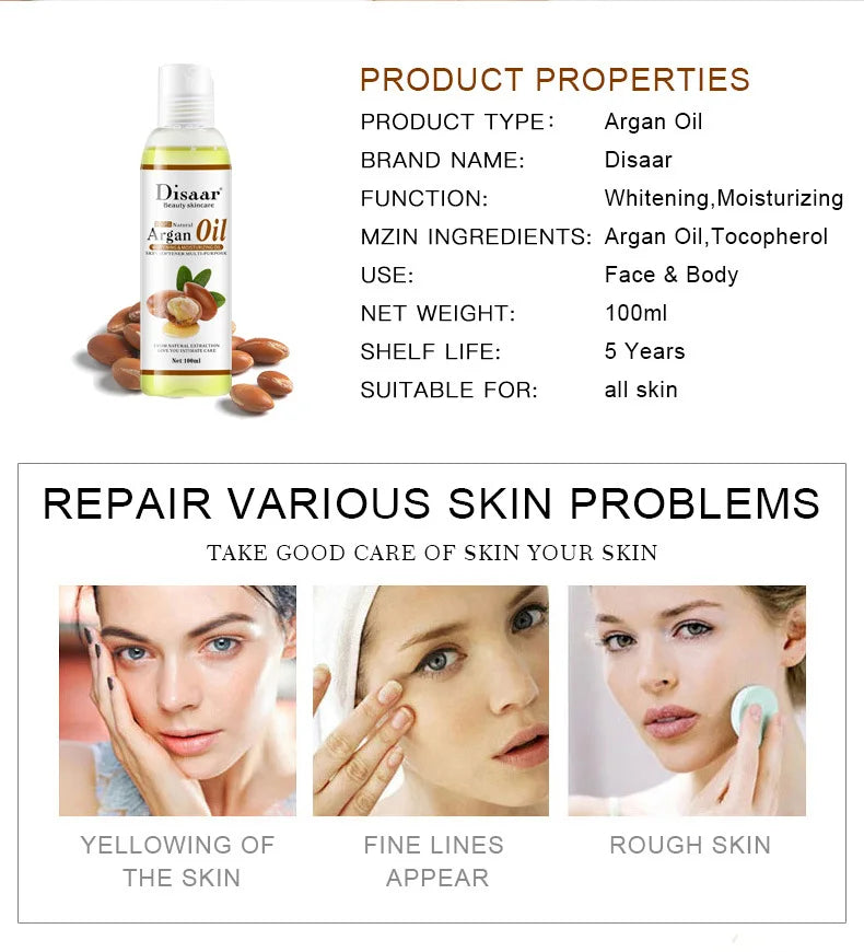 Disaar 100ml Pure Natural Argan Oil Moisturizing Body Oil Plant Essential Oils Soothing Skin Massage Oil Beauty Health Skin Care
