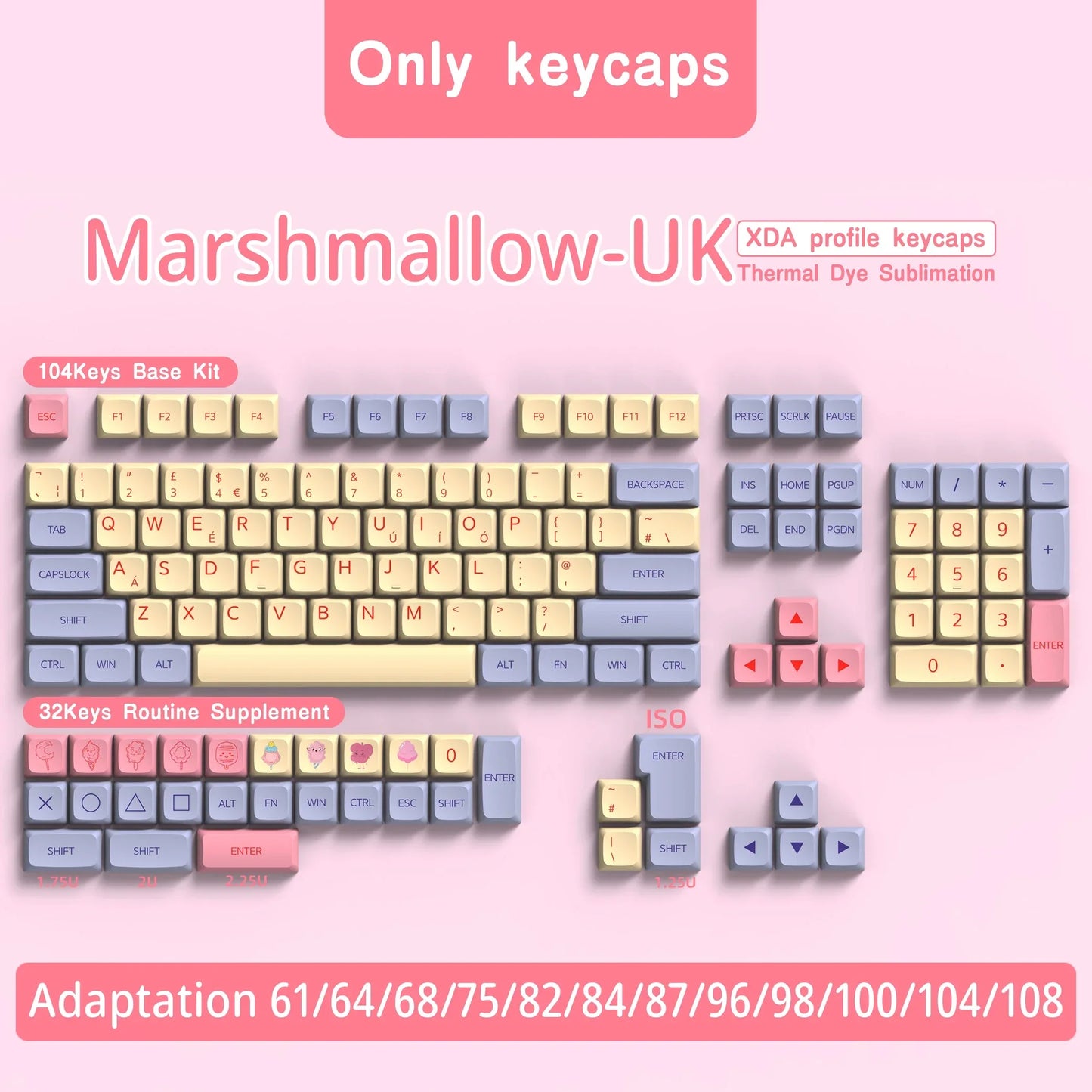 QWERTZ Nordic Keycaps Spanish/German/Portuguese AZERTY Keycap Marshmallow Keycaps XDA Profile Keycaps for Mechanical Keyboard