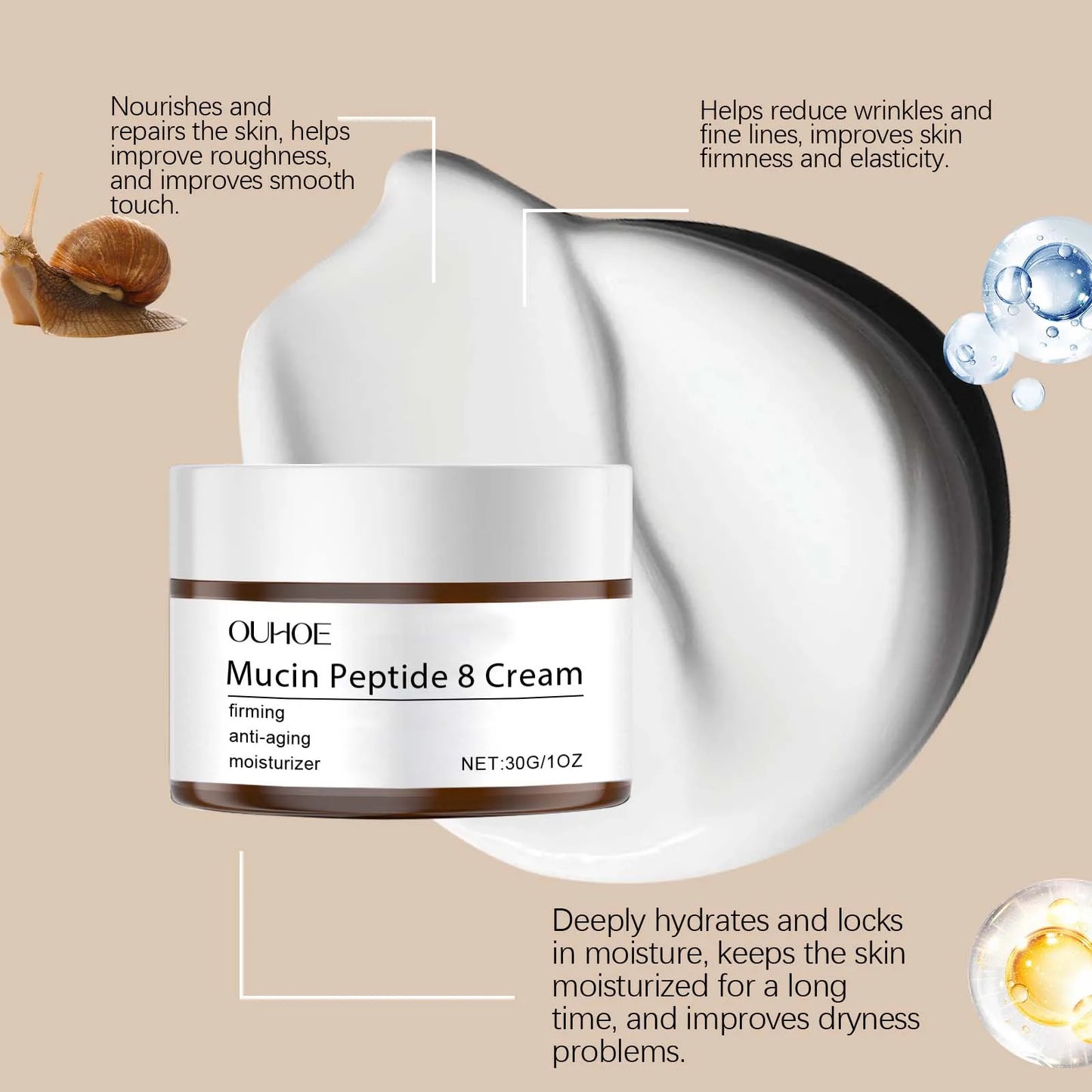 Mucin Peptide 8 Cream Moisturizing Smoothing Facial Skin Tighten Fade Fine Lines Nourish Brighten Skin Care For Rough Dry Skin