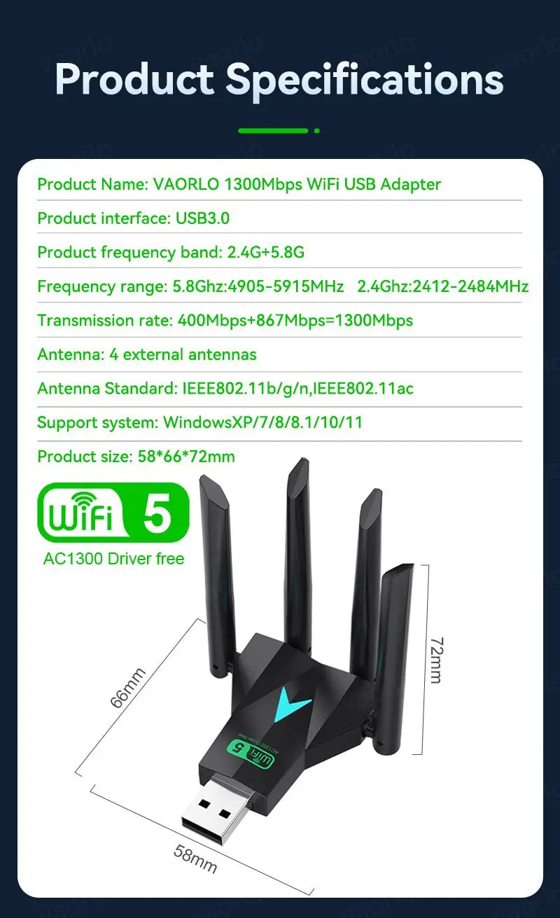 1300Mbps WiFi USB Adapter Dual Band 2.4G+5.8G Driver-free 4 Antennas USB 3.0 High-Speed Wireless Card WIFI Hotspot Sharing PC