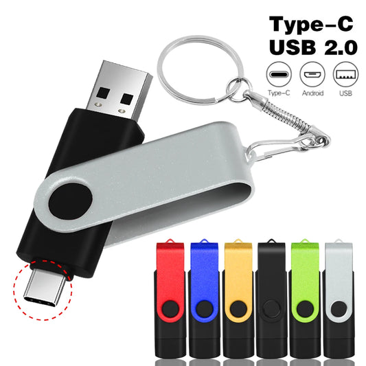 TYPE-C 2 IN 1 Pen Drive With Free key Ring 128GB Rotatable Metal USB 2.0 Flash Drive 64GB Business Gift Memory Stick 32GB 16GB