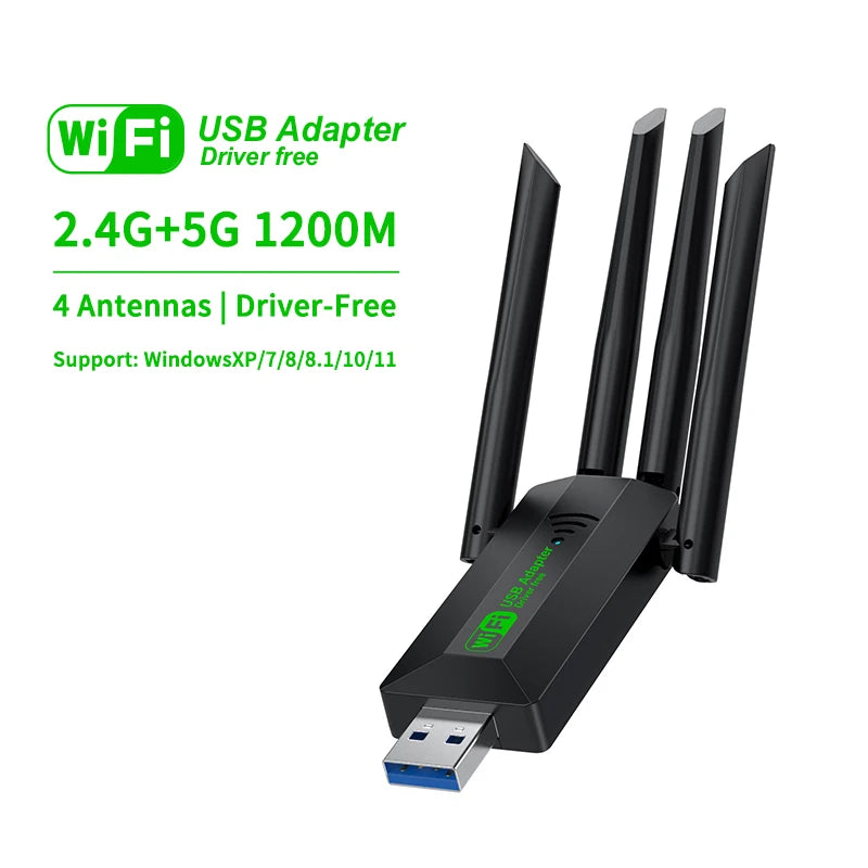 1300Mbps WiFi USB Adapter Dual Band 2.4G+5.8G Driver-free 4 Antennas USB 3.0 High-Speed Wireless Card WIFI Hotspot Sharing PC
