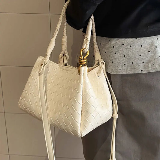 Woven Texture Bucket Bag - Stylish Unique Tote Basket Handbag, Soft Leather Crossbody/Shoulder Purse for Women