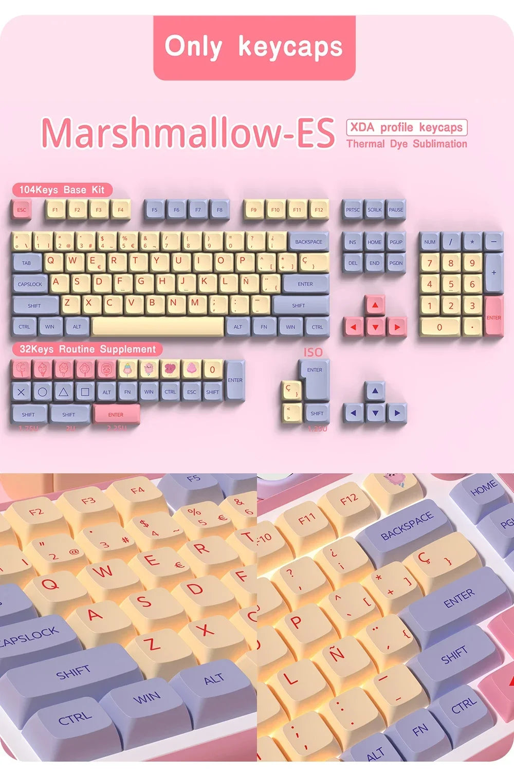QWERTZ Nordic Keycaps Spanish/German/Portuguese AZERTY Keycap Marshmallow Keycaps XDA Profile Keycaps for Mechanical Keyboard