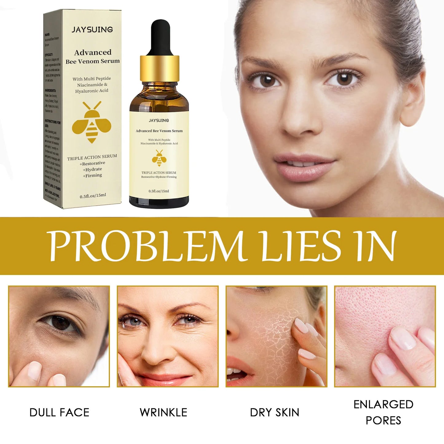 Bee Venom Anti Wrinkle Essence Younger Reduce Fine Lines Lifting Firming Repair Moisturize Tighten Whitening Facial Skin Care