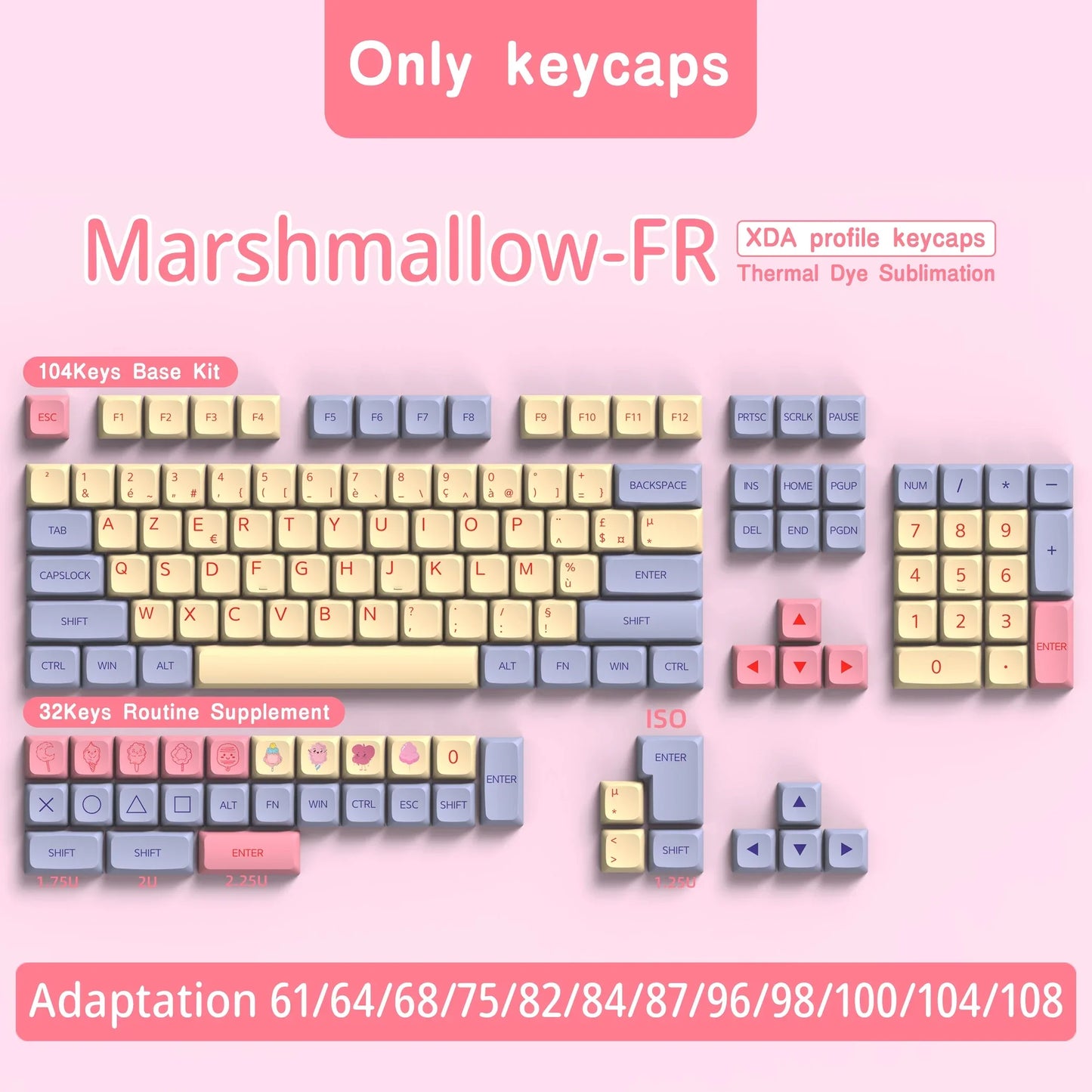 QWERTZ Nordic Keycaps Spanish/German/Portuguese AZERTY Keycap Marshmallow Keycaps XDA Profile Keycaps for Mechanical Keyboard